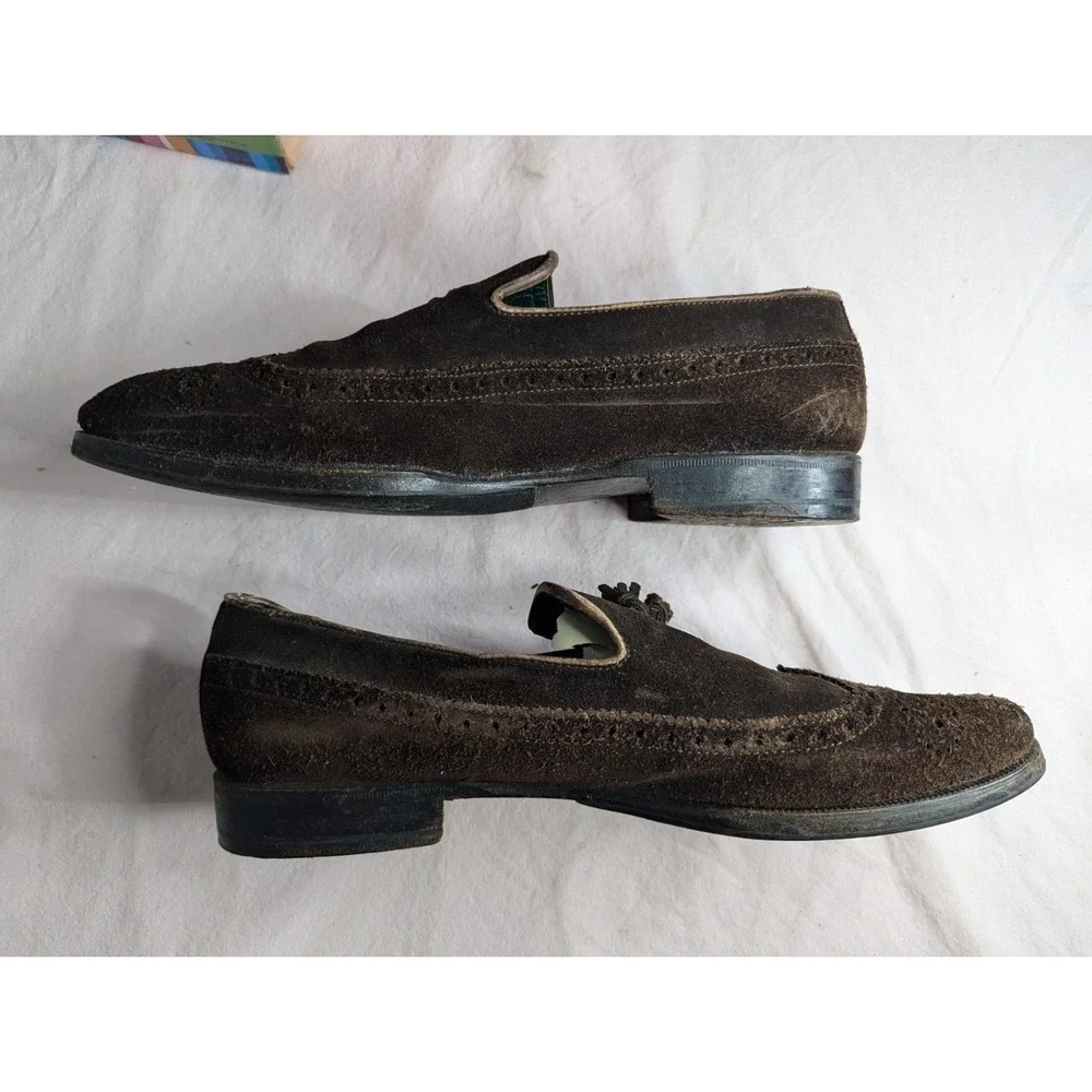 GUCCI VINTAGE brown suede leather mens 42 1/2 Italy Italian tassle loafers shoes